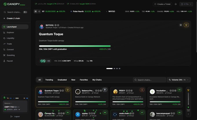 The Canopy launchpad interface displaying the 'Quantum Toque' built canopy at 50K/50K CNPY, with a pulse height of 50,020.0 and a trending tokens list below.