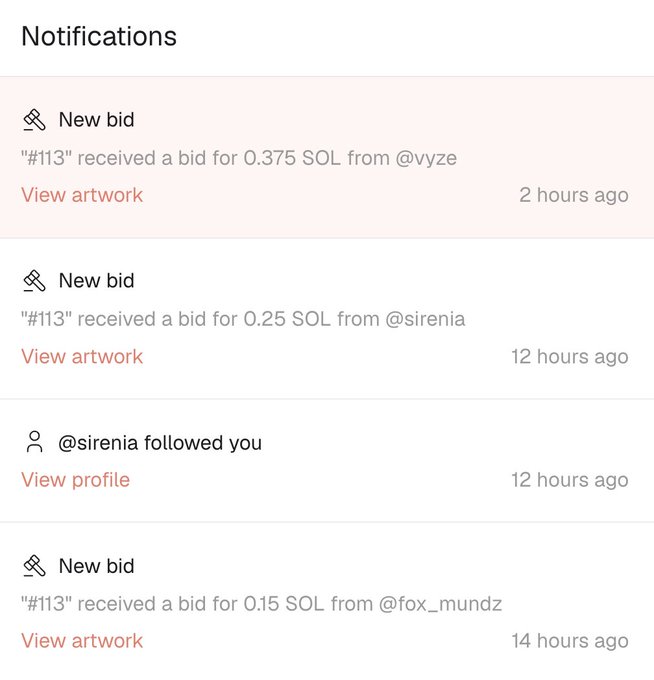 A mobile notifications screen showing new bids on artwork "#113" for amounts in SOL cryptocurrency from users @vyze, @sirenia, and @fox_mundz, along with a follow notification from @sirenia.