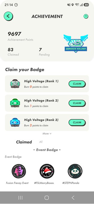 Achievement screen showing 9697 Achievement Points, 83 Claimed, 7 Pending, with claimable High Voltage badges (Rank 1, 2, 3) and event badges including Fusion Frenzy, #FSUMerryBoxes, and #STEPNPanda.