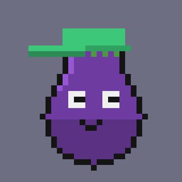 A pixel-art purple fruit character with a smiling face wears a green hat, resembling one of the NFT collectibles being compared in the post about Veggie Trader and Lilverse NFTs on Robinhood. The character's cheerful, cartoonish design reflects the playful aesthetic of NFT profile pic collections.
