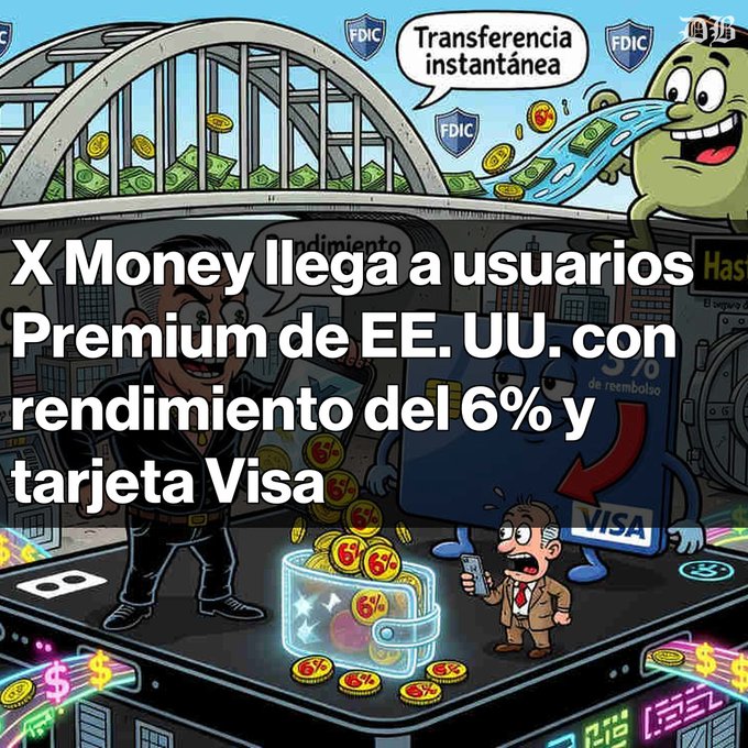 A colorful cartoon graphic advertising 'X Money llega a usuarios Premium de EE. UU. con rendimiento del 6% y tarjeta Visa', featuring FDIC logos and the text 'Transferencia instantánea'.
