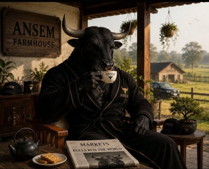 A minotaur in a black robe sitting on a porch at 'Ansem Farmhouse,' drinking from a mug while reading a newspaper headlined 'MARKETS: BULLS RUN THE WORLD'.