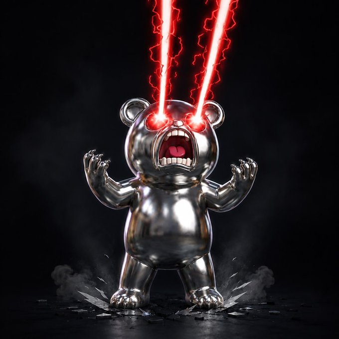 3D render of an angry metallic bear figurine with red laser beams shooting from its eyes against a dark background.