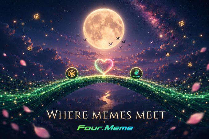 The image shows a glowing heart-shaped portal on a starlit bridge beneath a luminous full moon, flanked by the Four.Meme logo and a "FOUR" emblem, with the tagline "WHERE MEMES MEET" and "Four.Meme" displayed below—visually capturing the post's theme of bringing meme communities together across chains under the Qixi "Night of the Seven" celebration, where lovers cross the celestial bridge to meet.