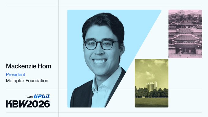 A conference speaker card for 'Mackenzie Hom, President, Metaplex Foundation' featuring his black-and-white portrait, with logos for 'Upbit' and 'KBW2026' at the bottom and small images of Korean architecture and a park.