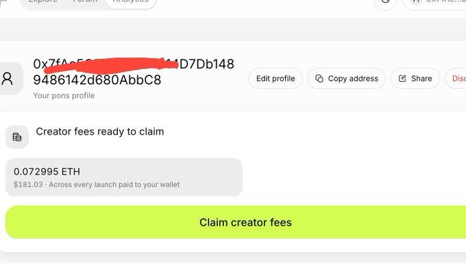 A screenshot of a creator profile on a crypto platform (appears to be Believe/Pons) showing a partially redacted wallet address ending in 'D7bb1489486142d680AbbC8', with 0.072995 ETH ($181.03) in creator fees ready to claim.