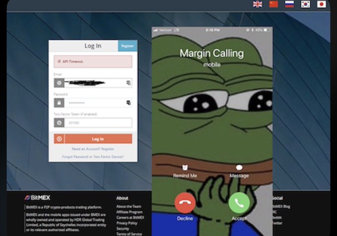 The image shows a BitMEX login screen with an "API Timeout" error next to a phone displaying a "Margin Calling" call from Pepe the Frog, illustrating the post's theme of BitMEX shutting down and the emotional gut-punch felt by longtime traders like the author who opened their account in 2017.