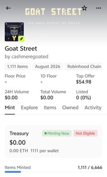 A screenshot of the "GOAT STREET" NFT collection on the Mint blockchain, showing a Floor Price of $0.00, Top Offer of $54.98, and 1,111/6,666 Items Minted, with a note that the user's wallet is "Not Eligible" despite 1111 per wallet being mintable. This relates to the post by describing the user's frustration with being ineligible for the free mint despite reduced wallet allocation requirements.