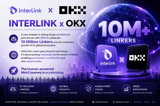 A promotional graphic titled 'INTERLINK x OKX' celebrating '10M+ LINKERS' with details about a Web3 vision, human-first approach, and global growth.