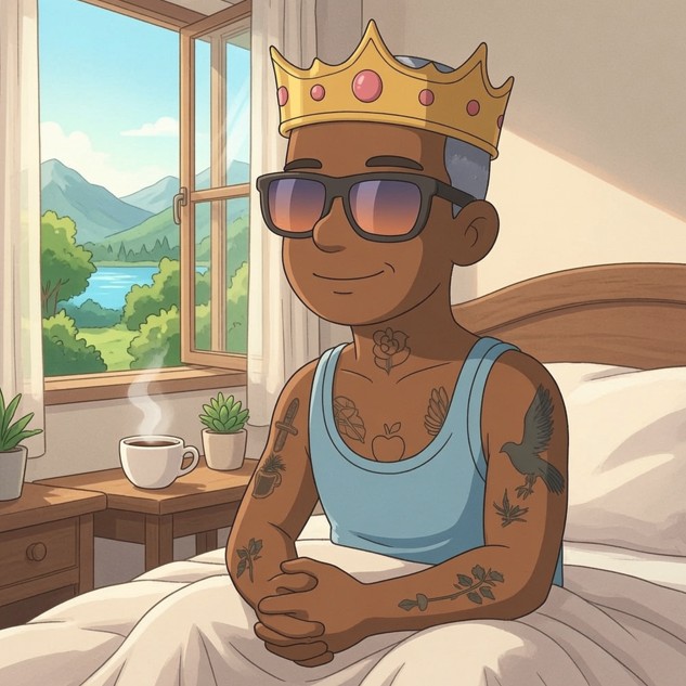 A cartoon illustration of a Black man wearing a gold crown and sunglasses, sitting in bed with tattoos on his arms, a coffee mug and plant on the nightstand, and a scenic mountain view through the window.