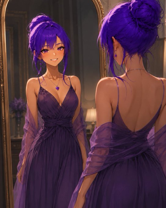 An anime-style illustration shows a young woman with purple hair in an elegant purple gown, viewing her reflection in a large ornate mirror.