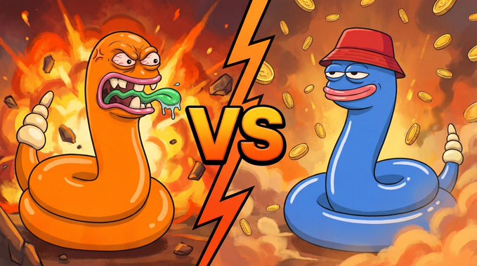 The image shows a cartoon "VS" battle scene with an aggressive orange snake on the left and a cool blue snake wearing a red bucket hat on the right, surrounded by flames and gold coins. The blue snake's laid-back vibe and bucket hat visually represent the "slippy" memecoin character referenced in the post, while the fiery "VS" battle aesthetic emphasizes the competitive siege event starting at 2pm CET with three $100 positions.