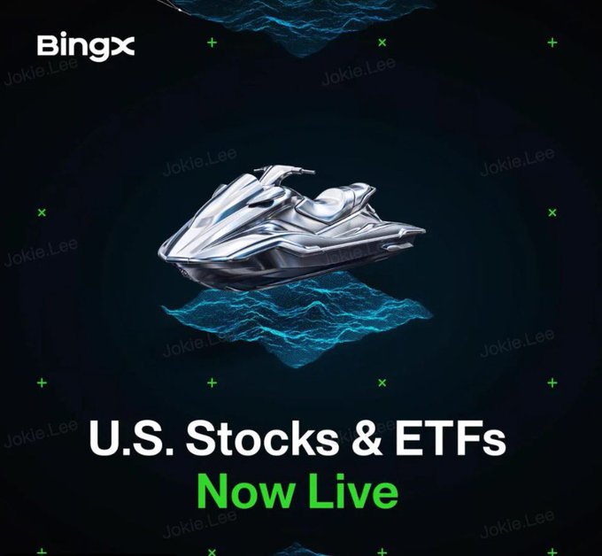 A BingX promotional graphic featuring a futuristic silver jet ski above digital water, with text reading 'U.S. Stocks & ETFs Now Live' and watermarks 'Jokie.Lee'.