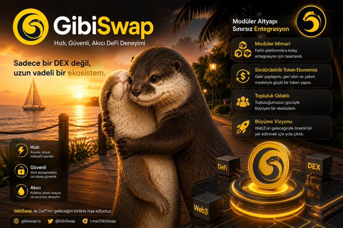 A Turkish promotional graphic for 'GibiSwap' featuring two embracing otters on a sunset pier, listing DeFi features like 'Modüler Mimari' and 'Sürdürülebilir Token Ekonomisi' alongside a glowing gold logo.