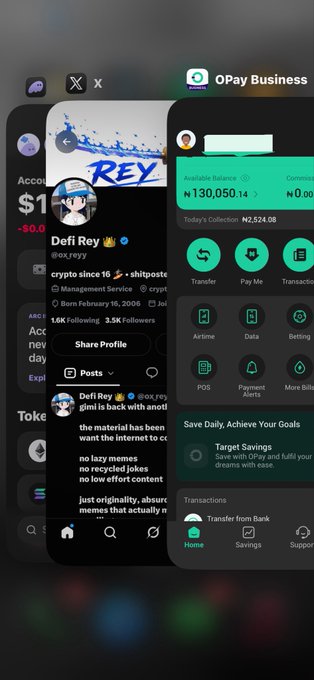 Smartphone screenshot showing an X (Twitter) profile for 'Defi Rey' (@defi_reyy) with 1.6K followers alongside an OPay Business app interface displaying a balance of ₦130,050.14.
