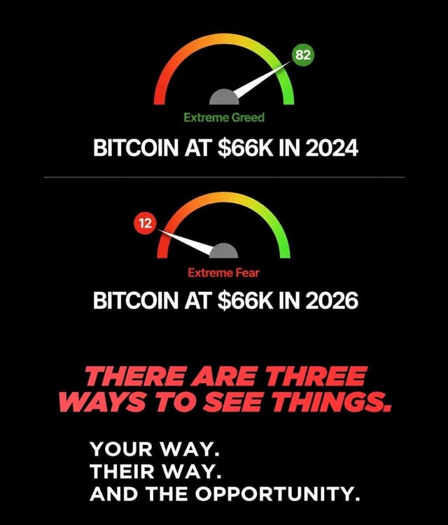 The image shows two Bitcoin values, one for $66k in 2024 and another for $66k in 2006. These values are displayed using different color codes with one being green and yellow (green) and the other red (red). A text overlay below these values reads "Your way; their way... And the opportunity."