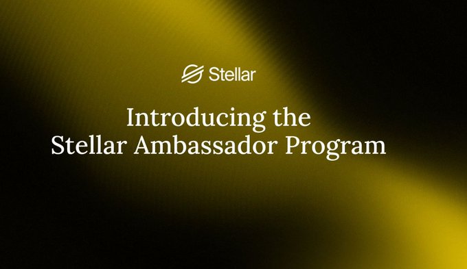 A promotional graphic with the Stellar logo and white text reading 'Introducing the Stellar Ambassador Program' against a dark background with yellow lighting accents.