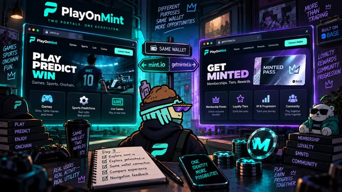 A neon-themed digital illustration advertising 'PlayOnMint' and 'mint.lio', highlighting features like 'Play Predict Win' and 'GET MINTED' with a hooded character and a teddy bear in a casino-like setting.