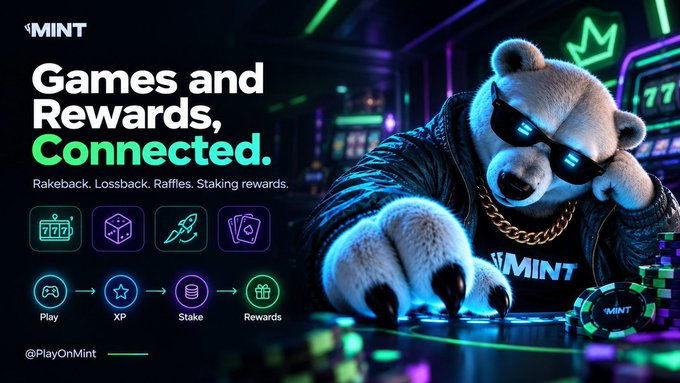 A promotional advertisement featuring a bear character wearing sunglasses and a gold chain, with the text "$MINT Games and Rewards, Connected" and listing features like Rakeback, Lossback, Raffles, and Staking rewards, alongside the handle @PlayOnMint.