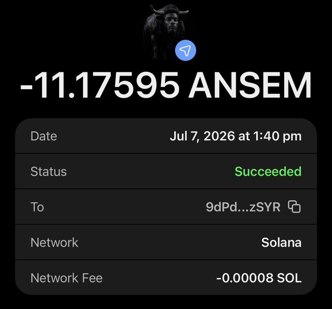 A screenshot of a successful Solana transaction showing -11.17595 ANSEM tokens sent on July 7, 2026, with a network fee of -0.00008 SOL, corresponding to the post about sending ANSEM tokens to selected users who engage with the post.