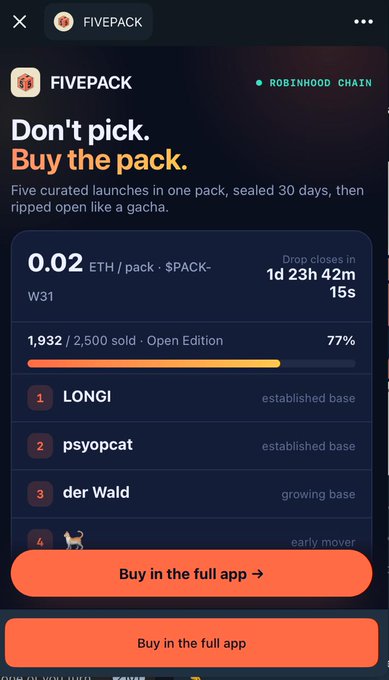 A promotional screen for FIVEPACK on Robinhood Chain shows the "W31" edition priced at 0.02 ETH per pack (1,932/2,500 sold, 77% sold) with a countdown of 1d 23h 42m until the drop closes, featuring five curated projects including LONGI, psyopcat, and der Wald. The "Buy the pack" call-to-action reinforces the post's tagline "Don't pick. Buy the pack," promoting access to the five-launch edition through the Telegram Mini App.