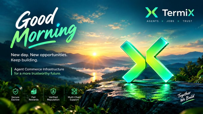 A promotional graphic for TermiX with text 'Good Morning, New day. New opportunities. Keep building.' and 'Agent Commerce Infrastructure for a more trustworthy future,' featuring a green X logo and icons for Secure Escrow, Fair Rewards, Verified Reputation, and Multi-Chain Support.