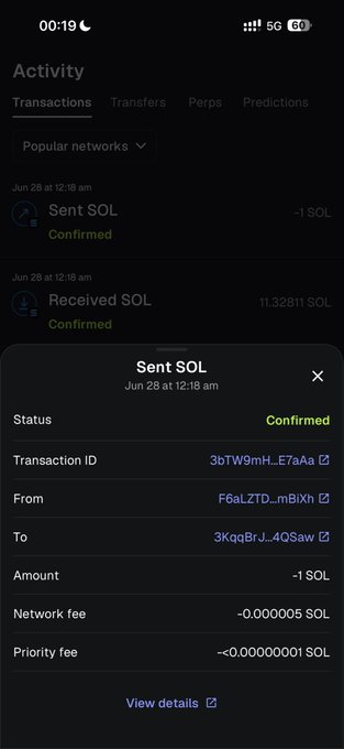 A screenshot of a crypto wallet activity log showing a confirmed "Sent SOL" transaction of 1 SOL on Jun 28, serving as proof of the giveaway transfer from F6aLZTb_mBiXh to 3KqqBrJ_4QSaw.