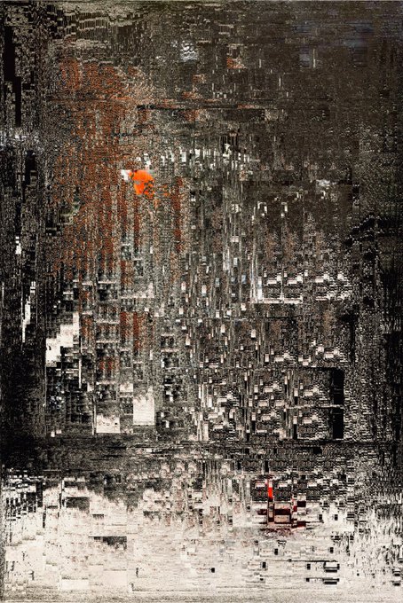 An abstract mixed-media artwork features a heavily textured black, white, and gray surface with a prominent vertical rust-colored patch, scattered red accents, and a pixelated, glitch-like aesthetic throughout the composition.
