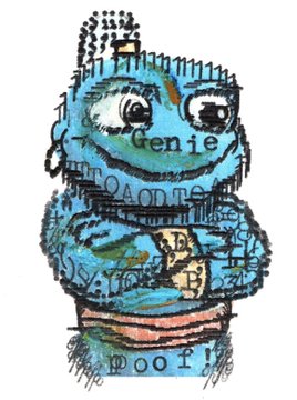 A child's crayon-style drawing of a blue genie character with large eyes, labeled 'Genie' and 'woof' among other illegible text.