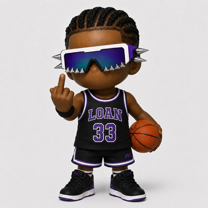 A 3D cartoon-style figurine of a young basketball player with braided hair wears spiked sunglasses, a black 'LOAN 33' jersey, black sneakers with purple accents, and holds a basketball while making a hand gesture.
