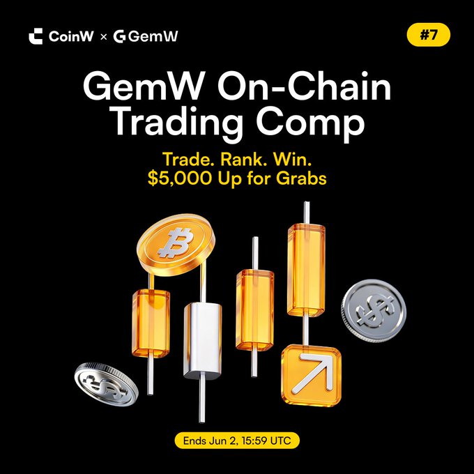 The image features an advertisement for a coin trading platform, GemW On-chain Trading Comp #7, that offers a $5,000 sign-up bonus and promotes trade, rank, win with it. The text at the top of the image is all capitalized in large letters, making it clearly visible to viewers. 
The post also mentions that there's an upcoming event on June 2 - 15, 2019, where you can learn more about this trading platform. There are coins involved and some price bars being referred to by different names like "GemW" and "trading comp".