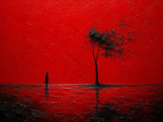 A textured red painting depicting a solitary dark figure standing beneath a lone tree on a reflective surface, with the tree's foliage appearing to scatter or dissolve into the deep red sky.