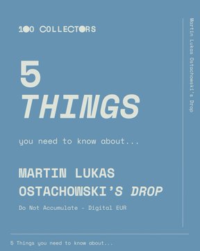 A blue book cover titled "100 COLLECTORS 5 THINGS you need to know about... MARTIN LUKAS OSTACHOWSKI'S DROP Do Not Accumulate - Digital EUR".