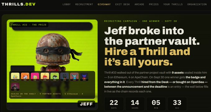 A promotional webpage for 'THRILLS.DEV' titled 'THRILL #33 - THE PRIZE' featuring a rusty egg-shaped mascot named Jeff with an eye patch, advertising 9 partner assets including Ethereum and ApeCoin.