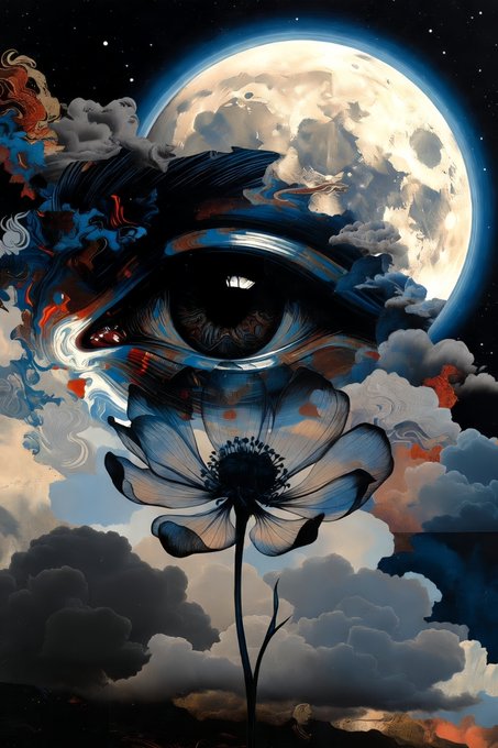 A surreal digital illustration shows a large blue and black eye with a flower blooming from its lower portion, set against a backdrop of clouds, swirling colors, and a massive full moon in a starry night sky.