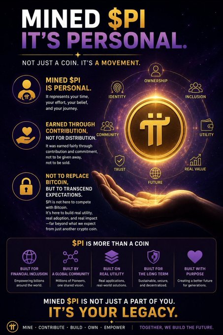 The image is a promotional graphic for the $Pi cryptocurrency, featuring the bold headline "MINED $PI IT'S PERSONAL. NOT JUST A COIN. IT'S A MOVEMENT." It displays a central glowing Pi coin held by a hand, surrounded by value pillars like Identity, Ownership, Community, and Utility, with supporting text explaining that $Pi is earned through contribution rather than bought or sold. The accompanying post reinforces this message by emphasizing that Pure Mined $Pi represents time, participation, ownership, and belief—not just a tradable crypto asset.