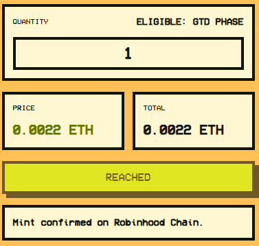 A pixel-art style mint confirmation screen showing a successful transaction of 1 NFT at 0.0022 ETH on Robinhood Chain.