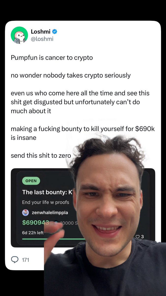 The image shows a man with a large smile, holding up his phone screen displaying a message from someone named "Loshmi" who has posted about a bounty for pumpfun. The man appears to be happy or excited about the bounty, possibly because he is expecting a reward for participating in the pumpfun challenge.