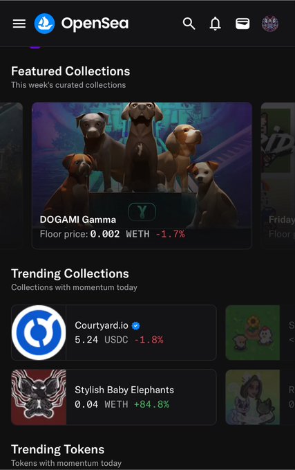 A screenshot of the OpenSea app showing a 'Featured Collections' section highlighting 'DOGAMI Gamma' with a floor price of 0.002 WETH, along with 'Trending Collections' like Courtyard.io at 5.24 USDC and Stylish Baby Elephants at 0.04 WETH.