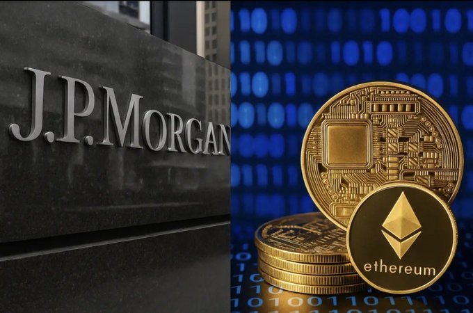 A split image showing the J.P. Morgan logo on a building sign on the left and stacked physical Bitcoin and Ethereum coins against a binary code background on the right.