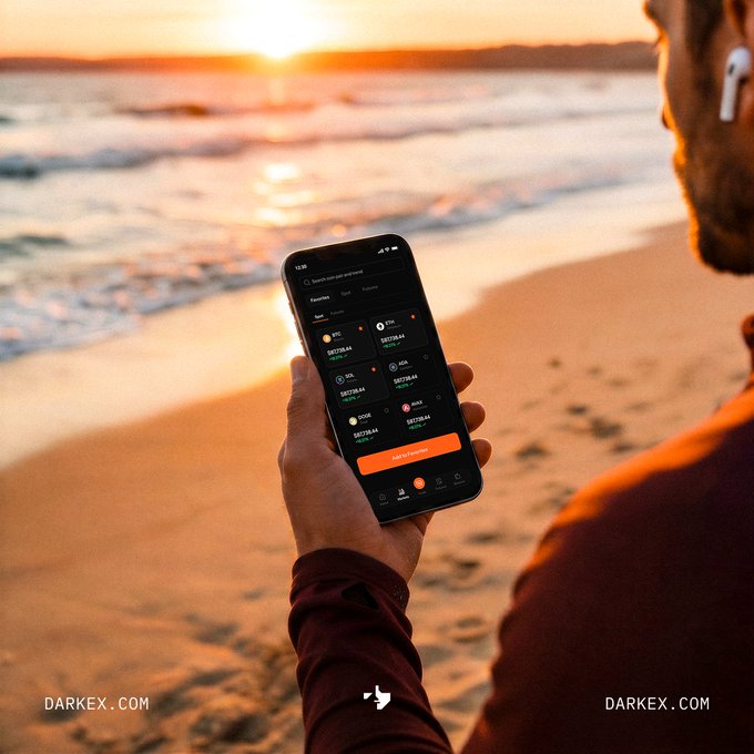 A man stands on a beach at sunset wearing an AirPod and using the Darkex app on his smartphone, with the interface displaying various cryptocurrency options. The image reinforces the post's message by visually portraying seamless connectivity in a serene, mobile setting where reliable crypto access matters.