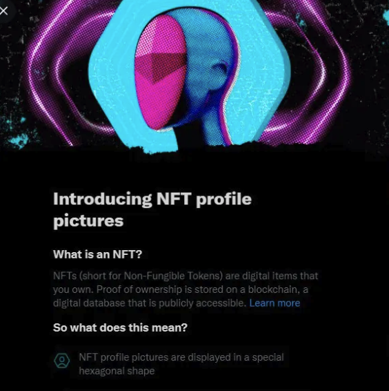 A Twitter-style image features a colorful, glitchy 3D bust-like avatar framed by purple neon waves against a black background. Below it, visible text includes “Introducing NFT profile pictures,” “What is an NFT?”, “So what does this mean?”, and “NFT profile pictures are displayed in a special hexagonal shape.” The accompanying post—“The market isn't dumb, it remembers.”—pairs a memorable avatar identity with the idea of persistent on-chain ownership and recognition.