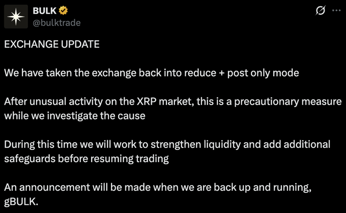 A dark-themed announcement from the BULK exchange (@bulktrade) stating that trading has been switched to reduce + post only mode due to unusual activity on the XRP market, with plans to strengthen liquidity and add safeguards before resuming full trading. The notice aligns with the accompanying post, which explains that users can only close existing positions or place liquidity-adding orders in response to the suspicious market activity.