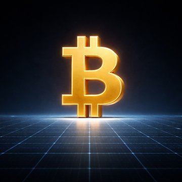 A 3D golden Bitcoin symbol glows brightly against a dark background above a glowing blue grid floor.