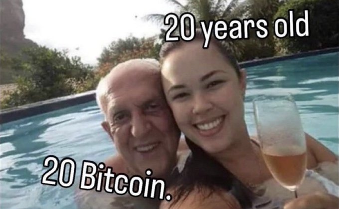 A meme image features a younger woman holding a champagne glass in a pool with an older man, with text reading '20 years old' over the woman and '20 Bitcoin' over the man.