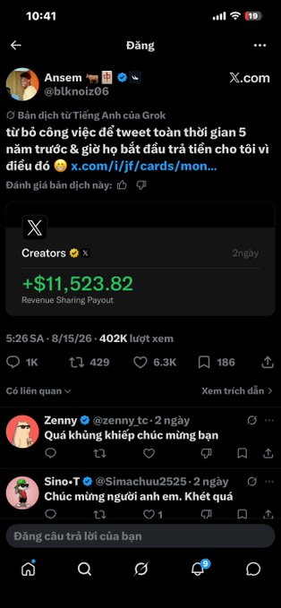 A mobile screenshot of an X (Twitter) post from user 'Ansem' (@blknoiz06) showing a Grok translation about quitting a job to tweet full-time, along with a screenshot of a $11,523.82 Revenue Sharing Payout from Creators.