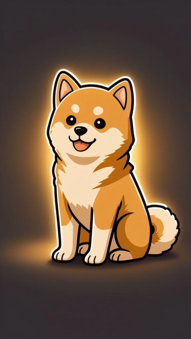 A cartoon-style illustration of a smiling Shiba Inu dog with orange and white fur, sitting on a dark background with a warm golden glow surrounding it.