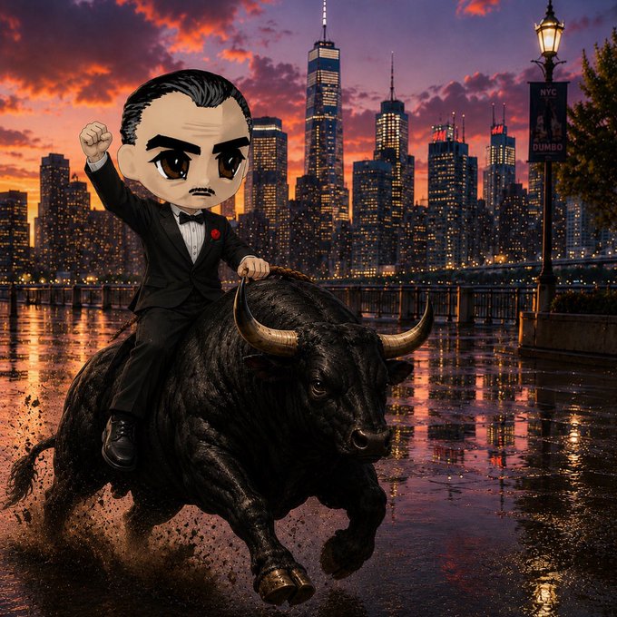 A stylized 3D render of a chibi-style man in a tuxedo riding a black bull across water with a sunset NYC skyline and Brooklyn Bridge in the background.