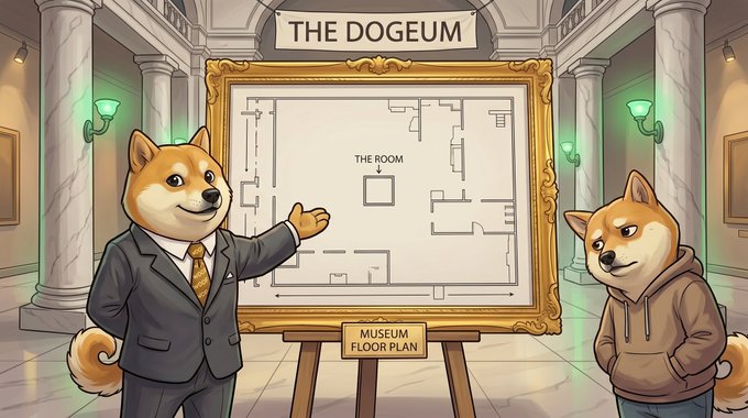 A cartoon illustration of two Shiba Inu dogs standing in a grand museum hall beside a large framed floor plan labeled 'THE DOGEUM' with a 'MUSEUM FLOOR PLAN' placard below it.