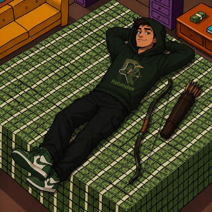 An illustrated character in a green 'Robindex' hoodie and Nike sneakers relaxes on a floor made entirely of stacks of money, with a bow and arrows beside him.